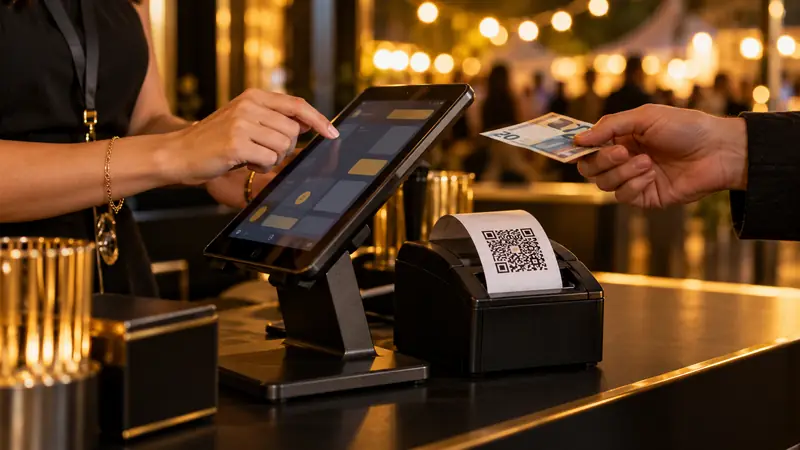 Cassa di ricarica con tablet e stampante che emette un codice QR