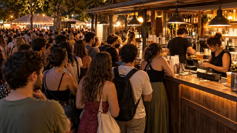 Coda di persone davanti a un bar affollato durante una serata all'aperto