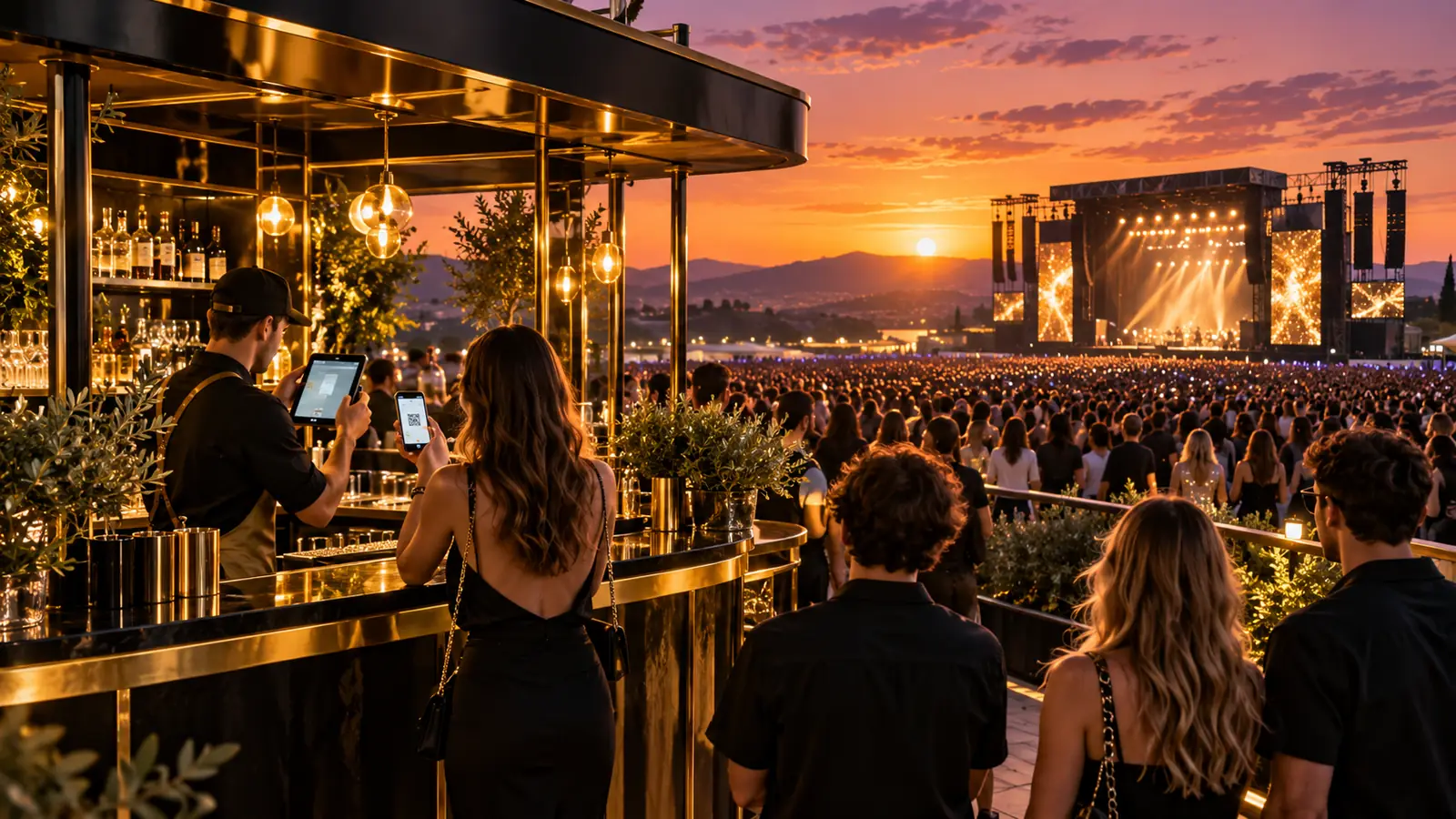 Concerto all'aperto al tramonto con un bar dove una cliente paga mostrando il telefono
