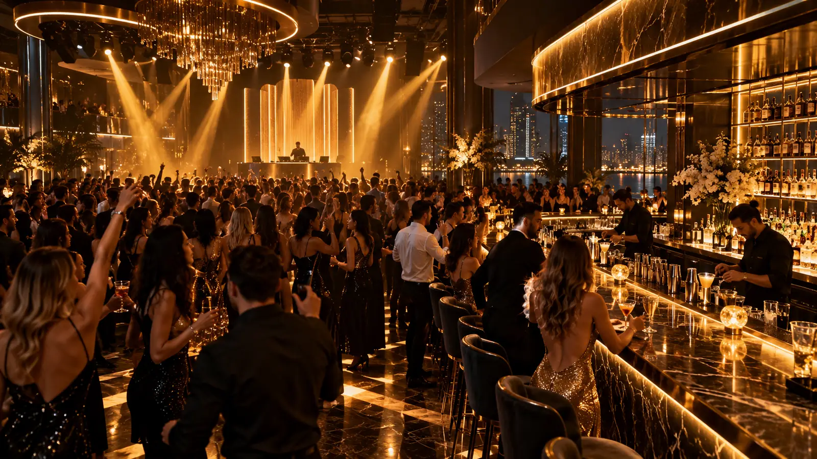 Discoteca piena con un lungo bancone bar illuminato