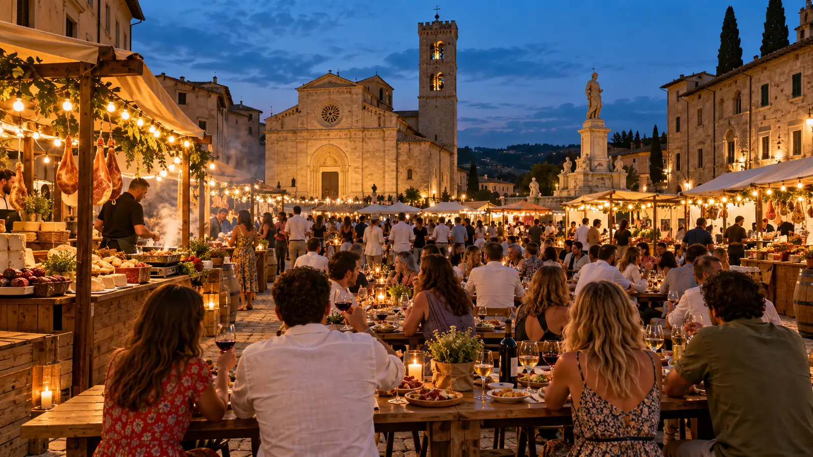 Sagra serale in piazza con stand illuminati e tavolate piene
