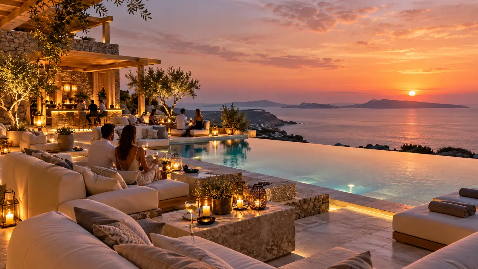 Terrazza di un resort sul mare al crepuscolo con lounge bar