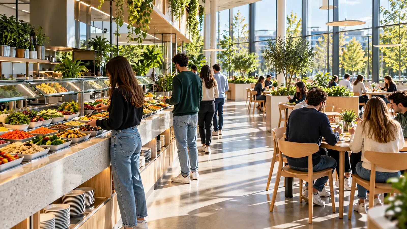 Mensa aziendale moderna e luminosa con banco self-service