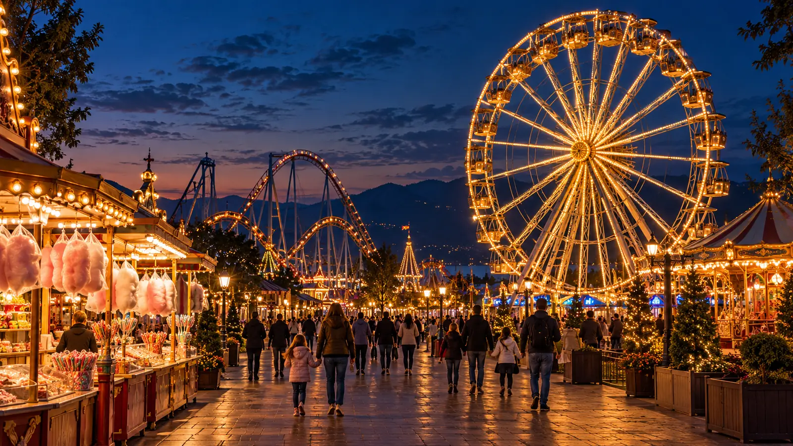 Parco divertimenti illuminato la sera con ruota panoramica e chioschi
