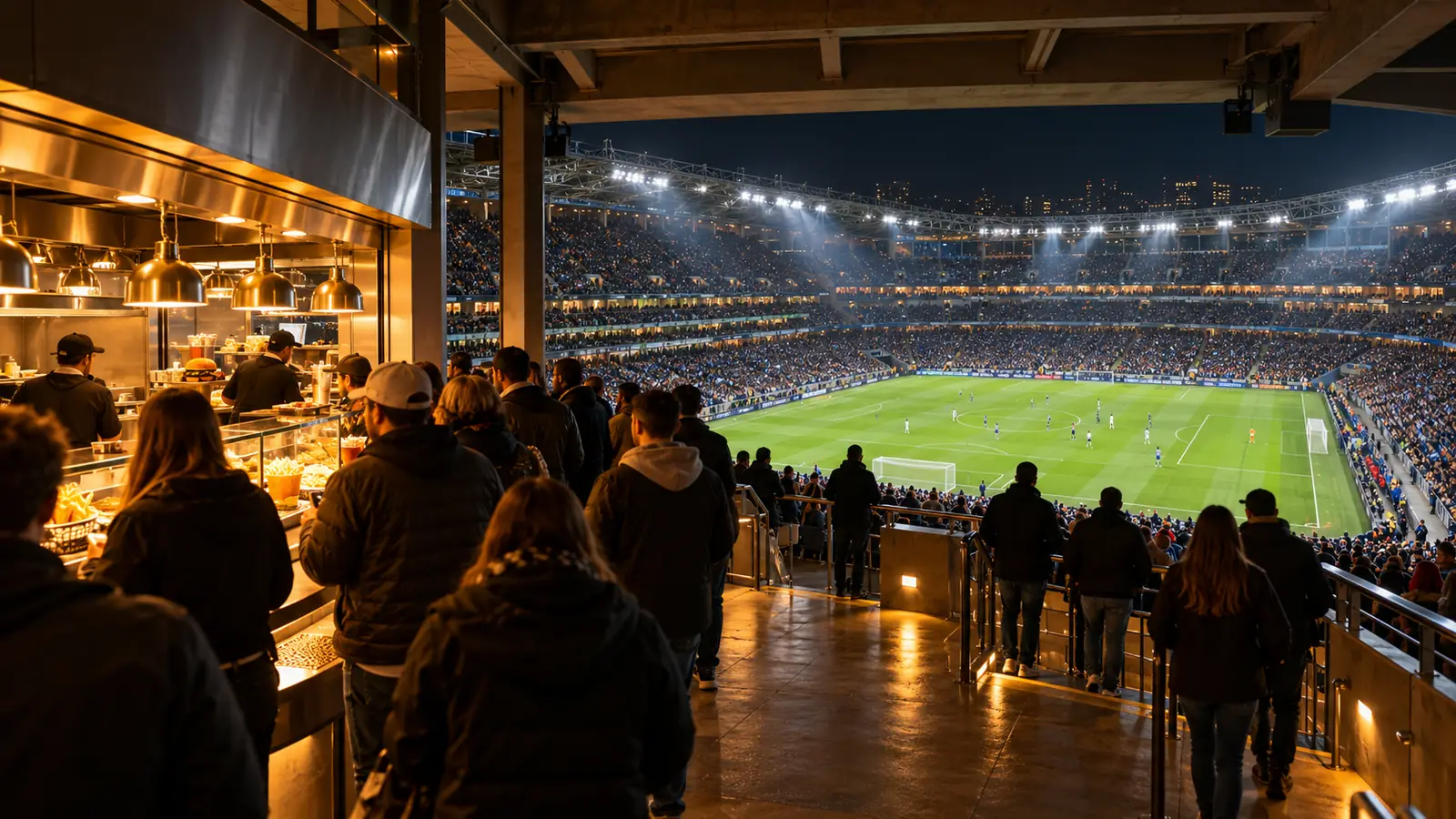 Stadio pieno di sera con un punto ristoro nel corridoio delle tribune