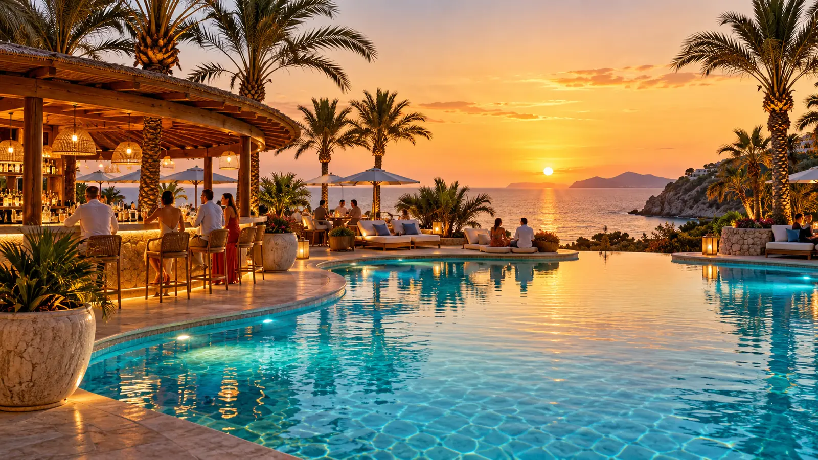 Villaggio turistico al tramonto con piscina e bar a bordo vasca